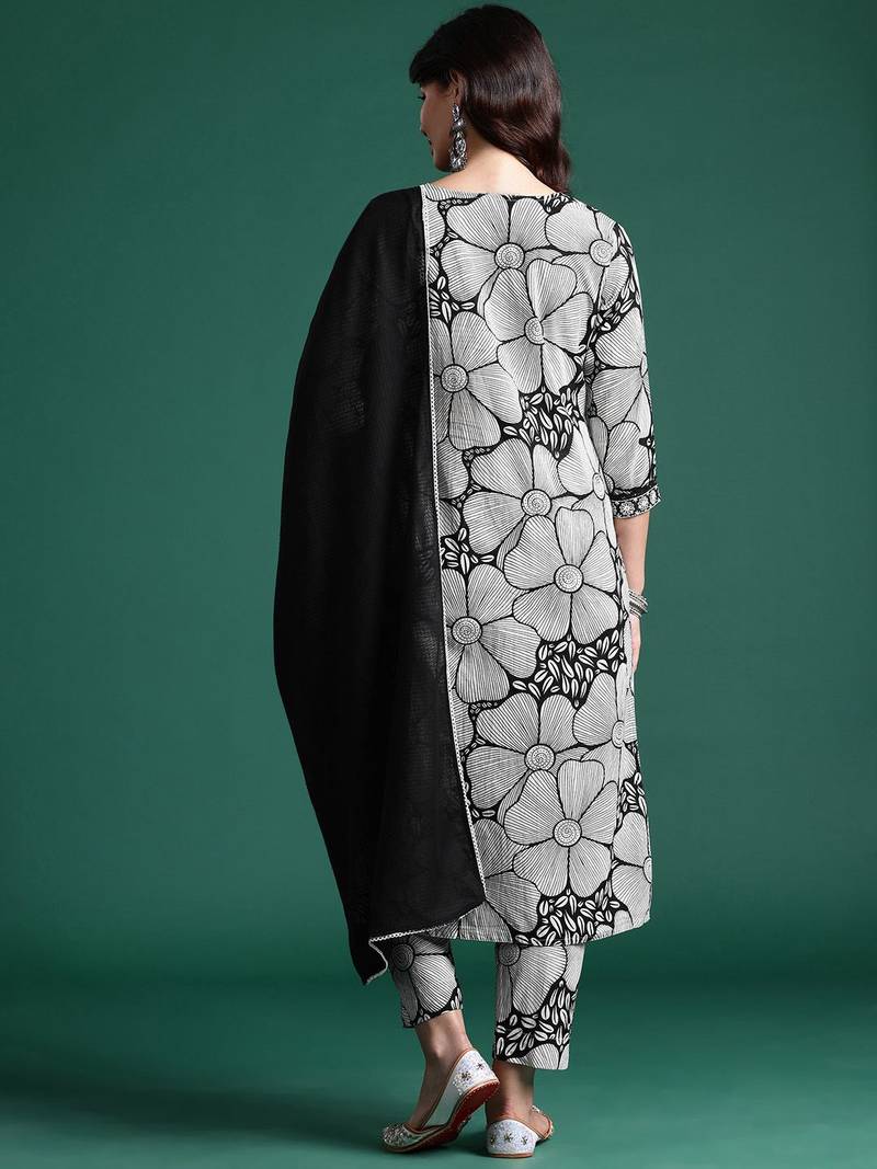 Women Printed Mirror Work Pure Cotton Kurta With Trousers & Dupatta