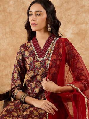 Floral Printed Straight Thread Work Kurta with Palazzos & Dupatta 2
