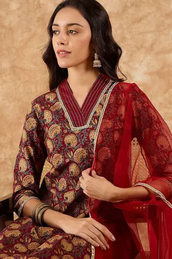 Floral Printed Straight Thread Work Kurta with Palazzos & Dupatta