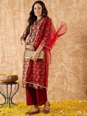 Floral Printed Straight Thread Work Kurta with Palazzos & Dupatta 1