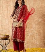 Floral Printed Straight Thread Work Kurta with Palazzos & Dupatta