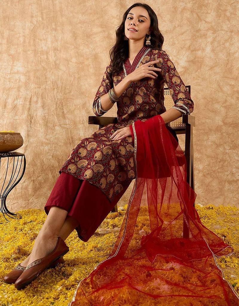 Floral Printed Straight Thread Work Kurta with Palazzos & Dupatta