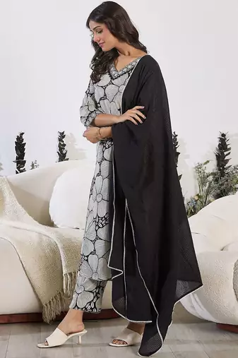 Floral Printed Sequinned Pure Cotton Straight Kurta with Trouser & Dupatta