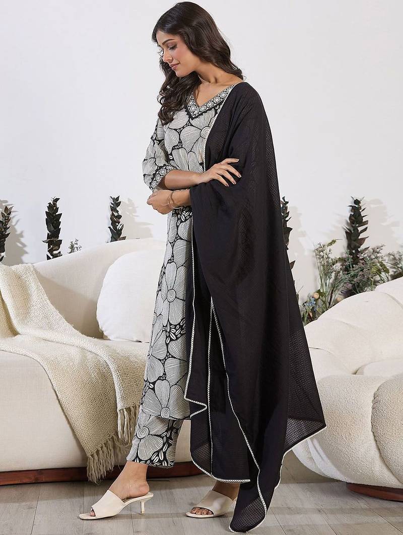 Floral Printed Sequinned Pure Cotton Straight Kurta with Trouser & Dupatta