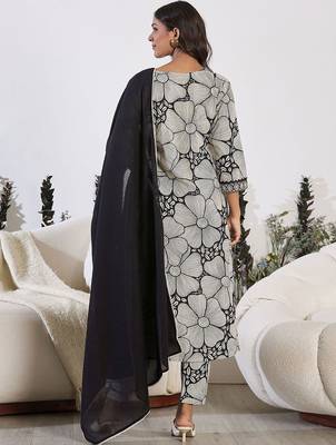 Floral Printed Sequinned Pure Cotton Straight Kurta with Trouser & Dupatta 5