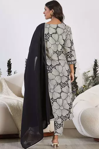 Floral Printed Sequinned Pure Cotton Straight Kurta with Trouser & Dupatta