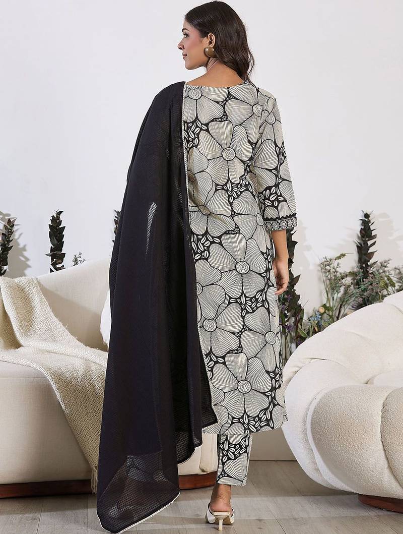 Floral Printed Sequinned Pure Cotton Straight Kurta with Trouser & Dupatta