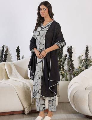 Floral Printed Sequinned Pure Cotton Straight Kurta with Trouser & Dupatta 6