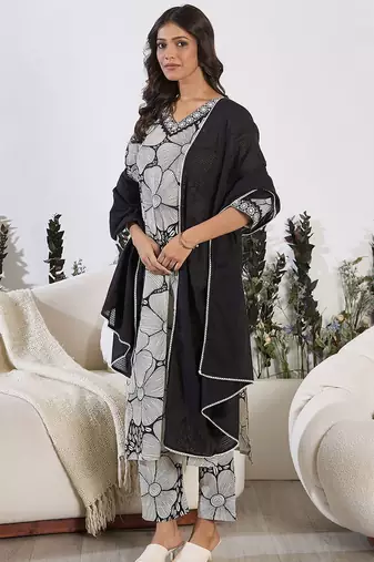 Floral Printed Sequinned Pure Cotton Straight Kurta with Trouser & Dupatta