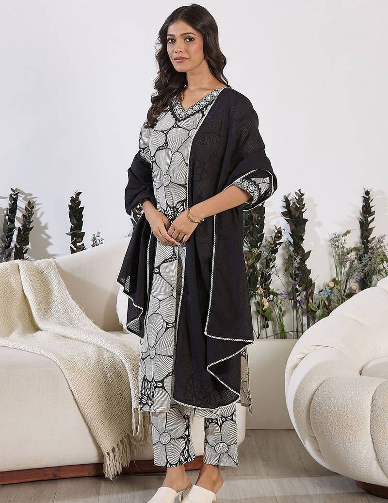 Floral Printed Sequinned Pure Cotton Straight Kurta with Trouser & Dupatta