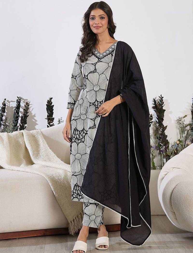 Floral Printed Sequinned Pure Cotton Straight Kurta with Trouser & Dupatta