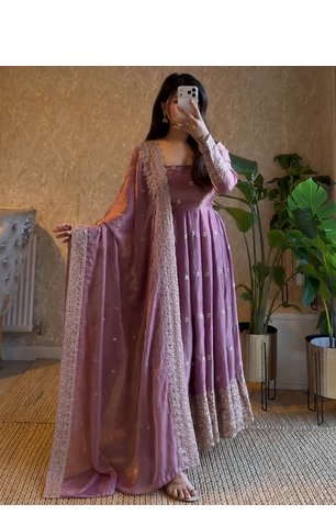 lavender color sequin embroidery silk blend gown set 1