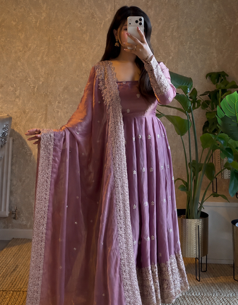 lavender color sequin embroidery silk blend gown set