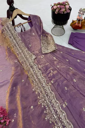 lavender color sequin embroidery silk blend gown set