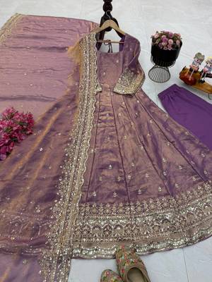 lavender color sequin embroidery silk blend gown set 3