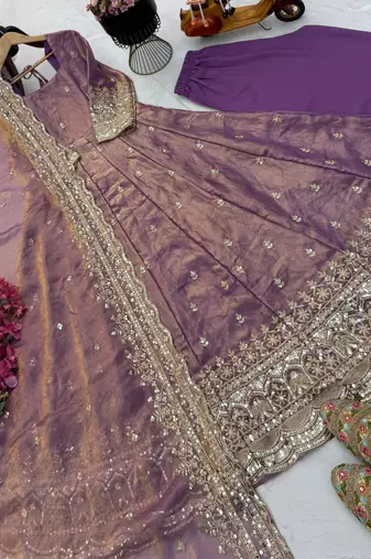 lavender color sequin embroidery silk blend gown set