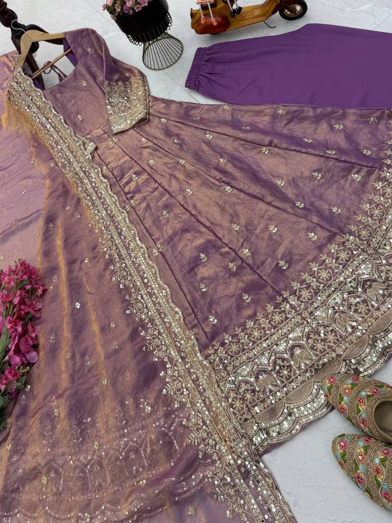 lavender color sequin embroidery silk blend gown set