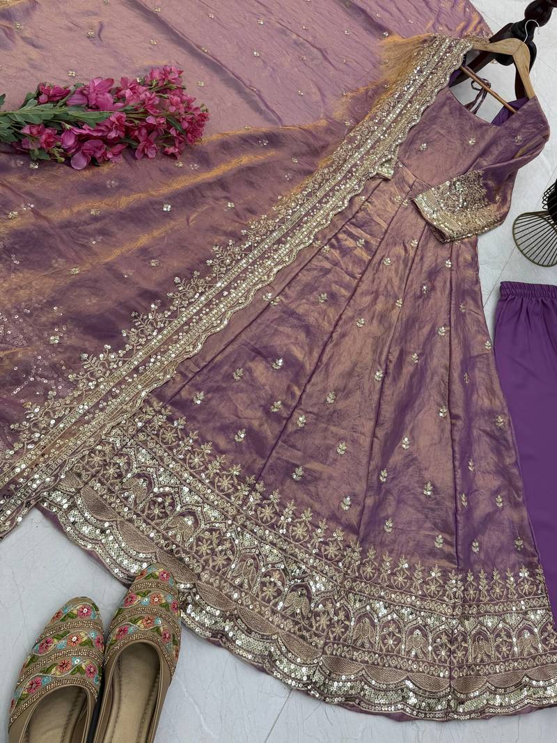 lavender color sequin embroidery silk blend gown set