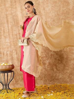 Ethnic Motifs Yoke Design Straight Thread Work Liva Kurta with Palazzos & Dupatta 1