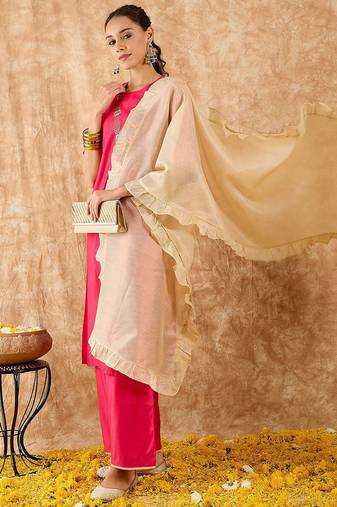 Ethnic Motifs Yoke Design Straight Thread Work Liva Kurta with Palazzos & Dupatta