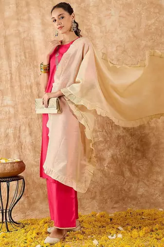 Ethnic Motifs Yoke Design Straight Thread Work Liva Kurta with Palazzos & Dupatta