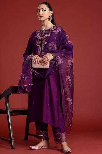 Floral Embroidered Sequinned Liva Kurta With Trousers & Dupatta