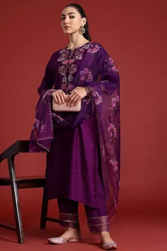 Floral Embroidered Sequinned Liva Kurta With Trousers & Dupatta