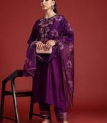 Floral Embroidered Sequinned Liva Kurta With Trousers & Dupatta