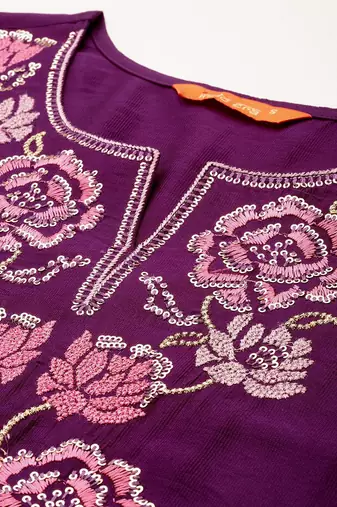 Floral Embroidered Sequinned Liva Kurta With Trousers & Dupatta