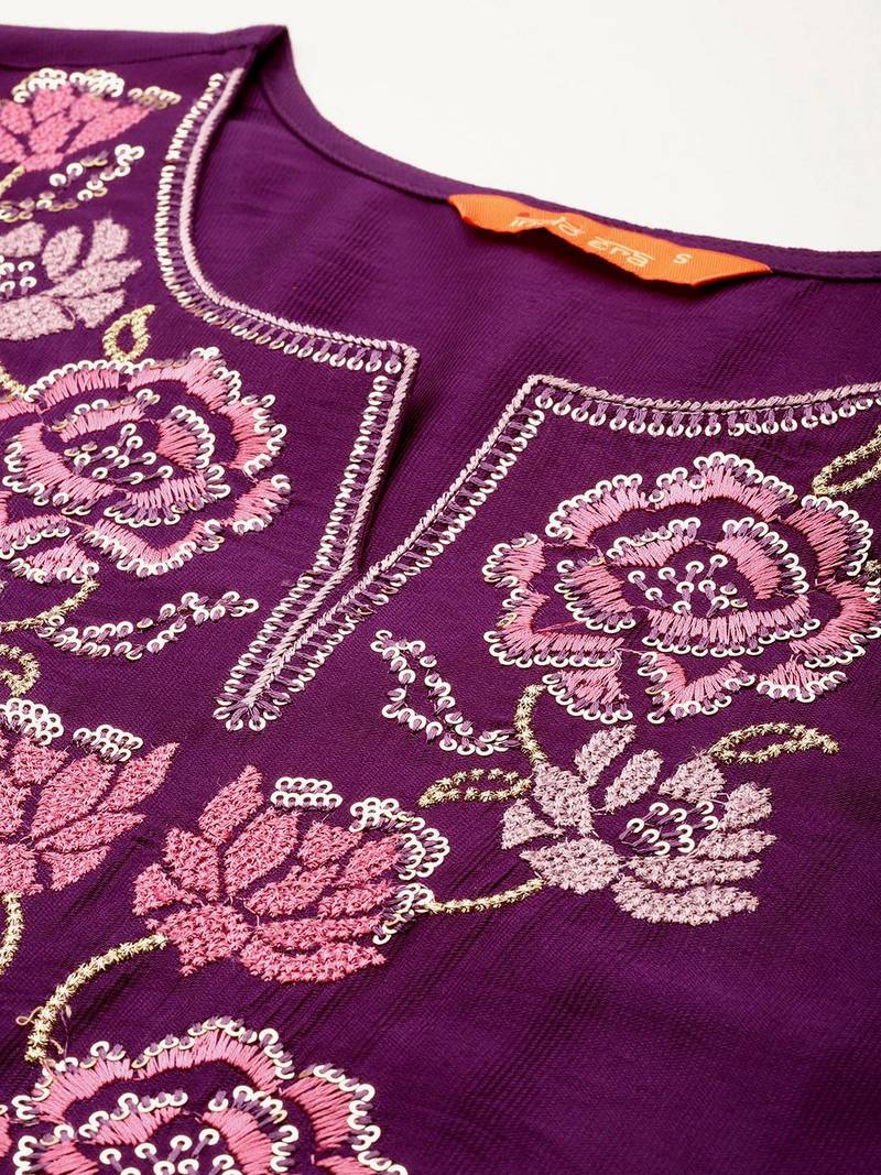 Floral Embroidered Sequinned Liva Kurta With Trousers & Dupatta