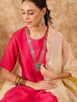 Ethnic Motifs Yoke Design Straight Thread Work Liva Kurta with Palazzos & Dupatta 2