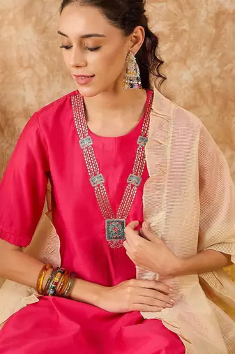 Ethnic Motifs Yoke Design Straight Thread Work Liva Kurta with Palazzos & Dupatta