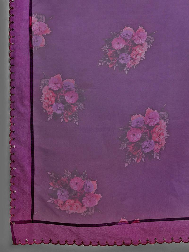Floral Embroidered Sequinned Liva Kurta With Trousers & Dupatta