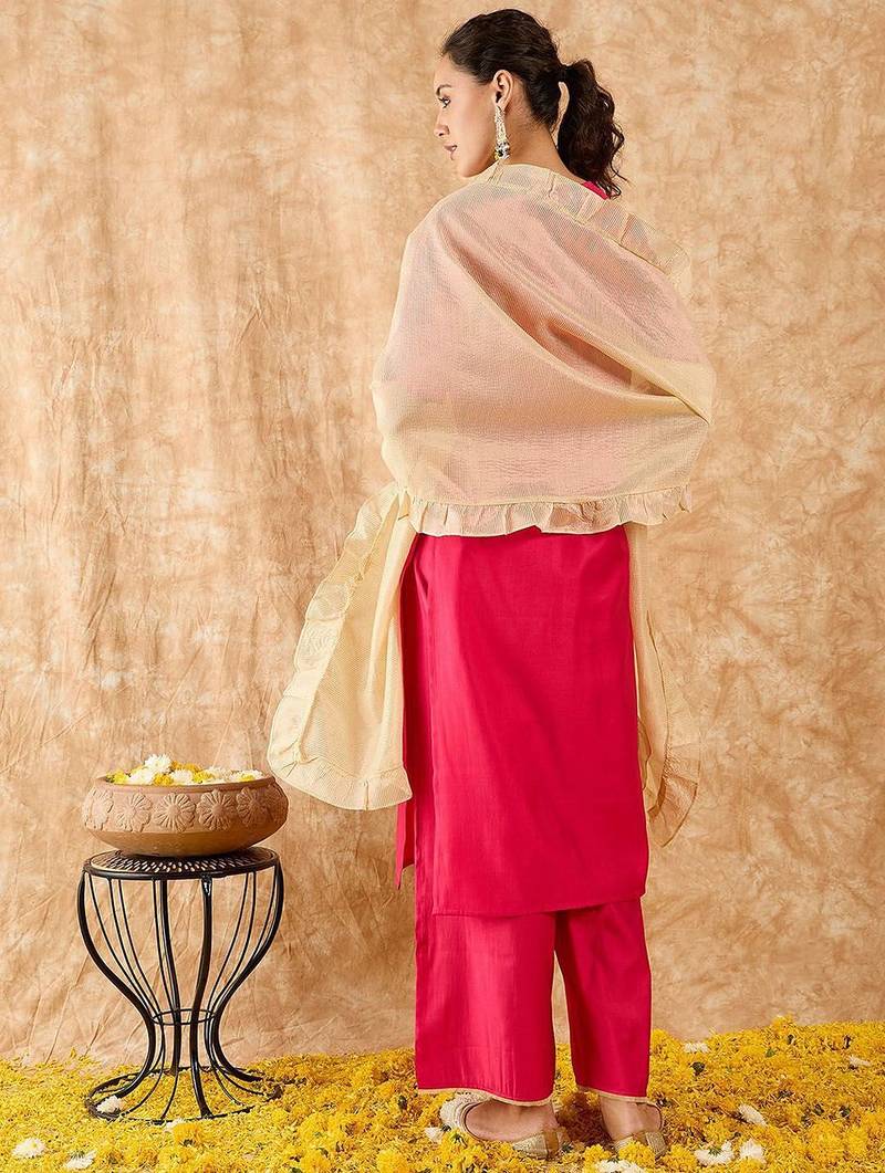 Ethnic Motifs Yoke Design Straight Thread Work Liva Kurta with Palazzos & Dupatta