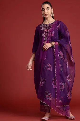 Floral Embroidered Sequinned Liva Kurta With Trousers & Dupatta