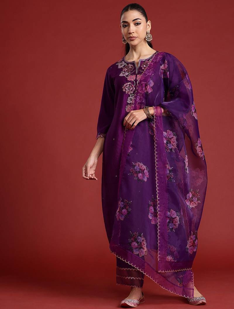 Floral Embroidered Sequinned Liva Kurta With Trousers & Dupatta