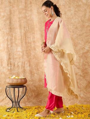 Ethnic Motifs Yoke Design Straight Thread Work Liva Kurta with Palazzos & Dupatta 6