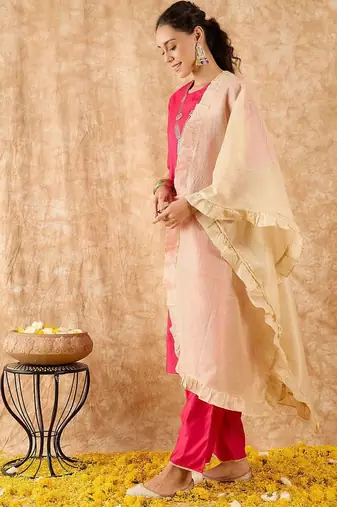 Ethnic Motifs Yoke Design Straight Thread Work Liva Kurta with Palazzos & Dupatta