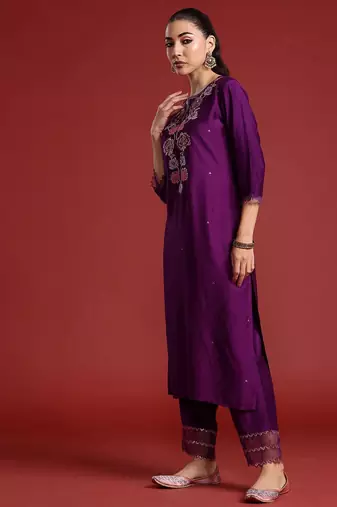 Floral Embroidered Sequinned Liva Kurta With Trousers & Dupatta