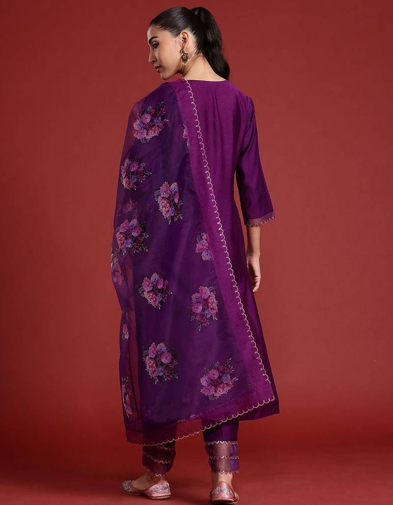 Floral Embroidered Sequinned Liva Kurta With Trousers & Dupatta