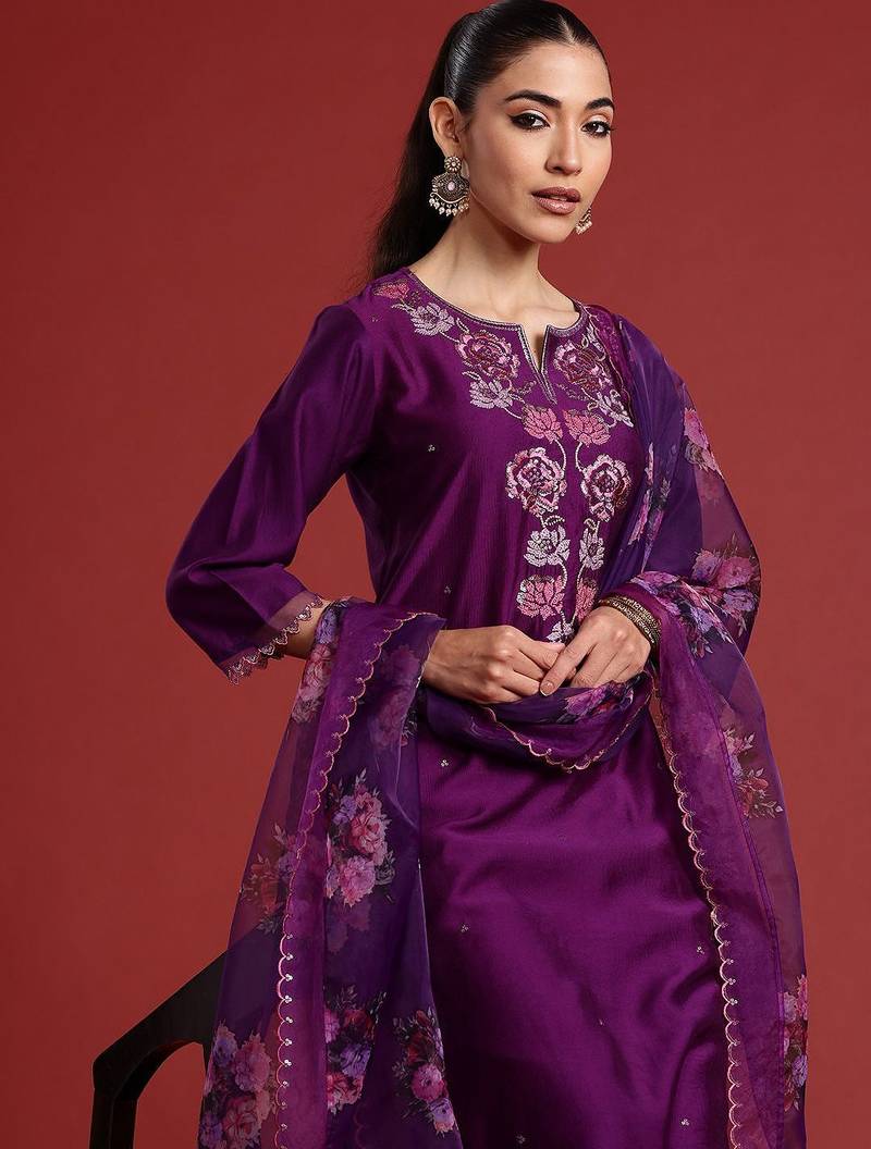 Floral Embroidered Sequinned Liva Kurta With Trousers & Dupatta