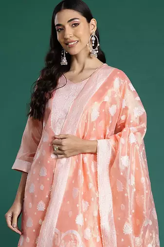 Woven Design Kurta With Trousers & Dupatta