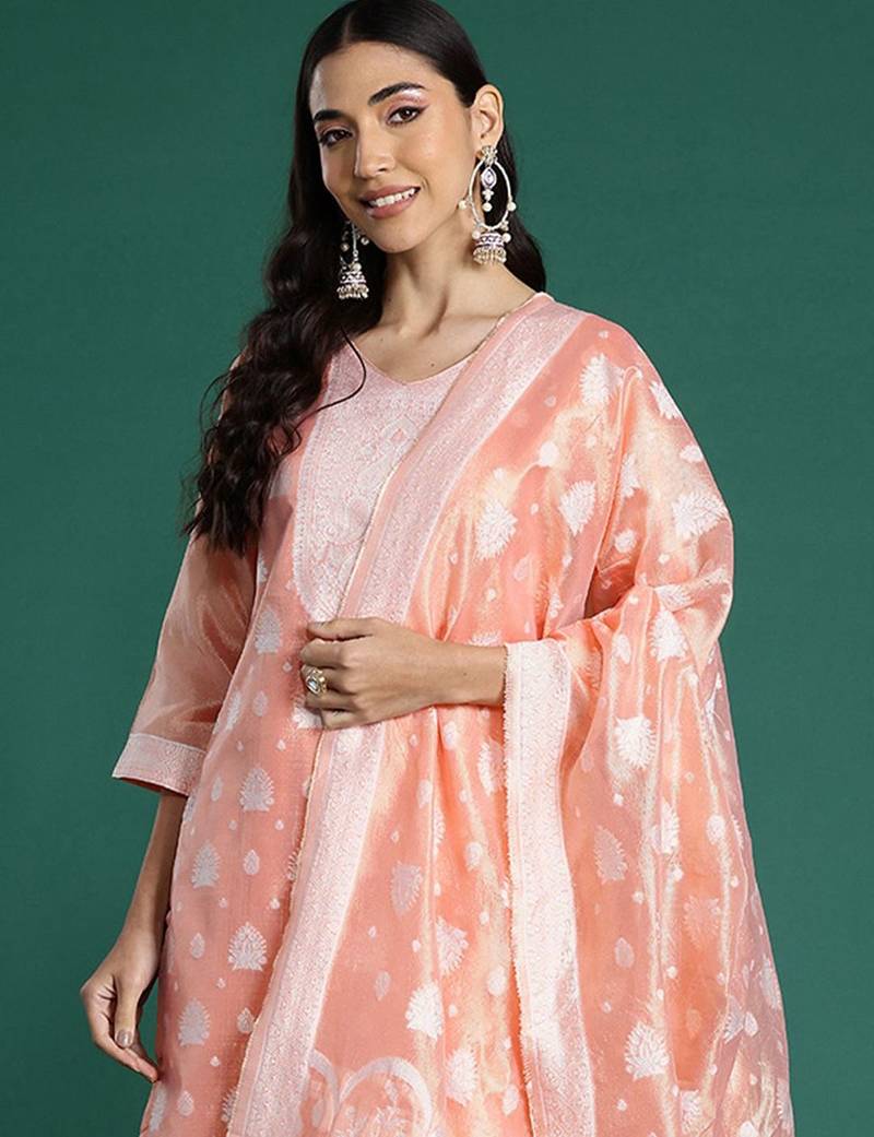 Woven Design Kurta With Trousers & Dupatta