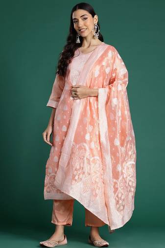 Woven Design Kurta With Trousers & Dupatta