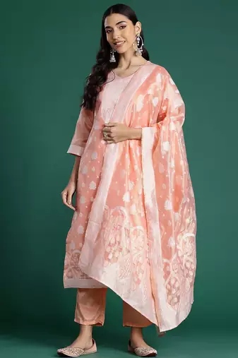 Woven Design Kurta With Trousers & Dupatta