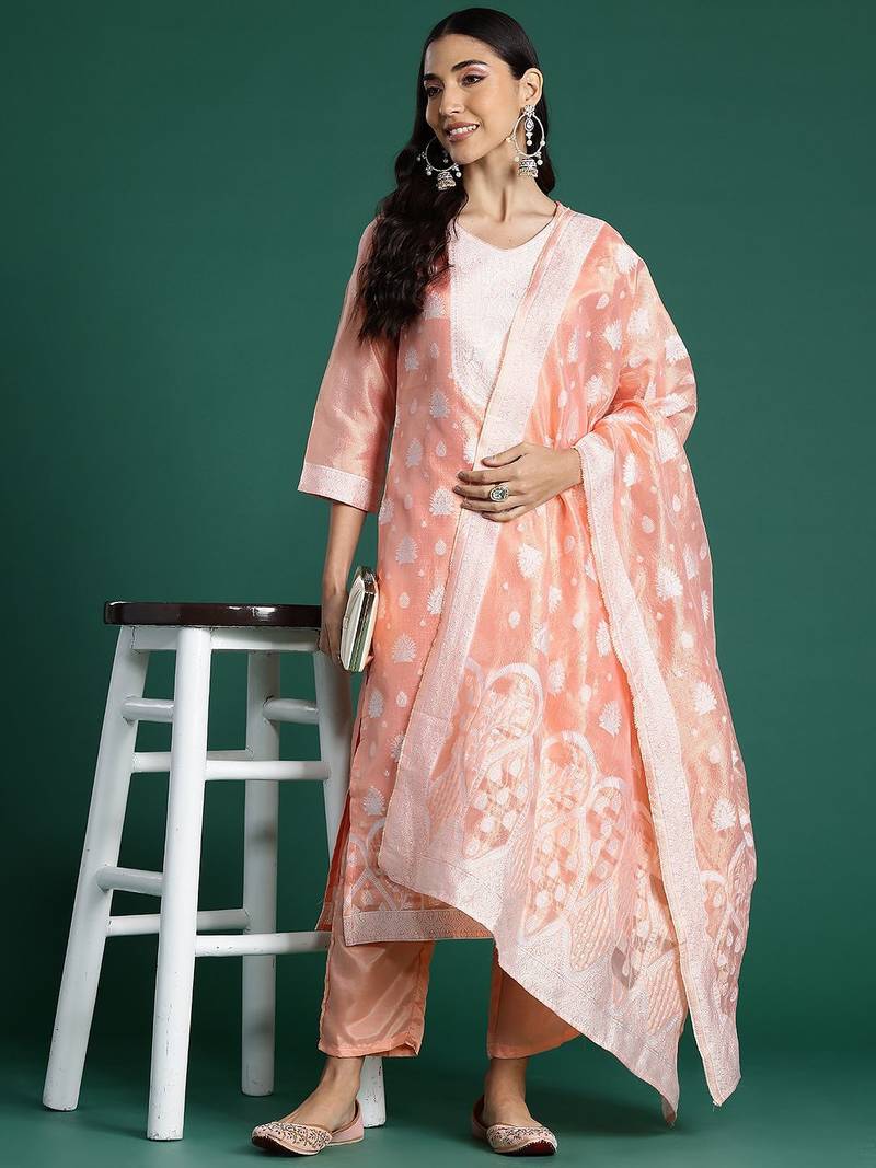 Woven Design Kurta With Trousers & Dupatta