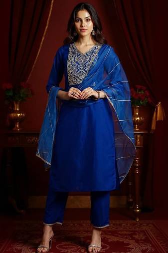 Yoke Design Zardozi Kurta With Trousers & Dupatta