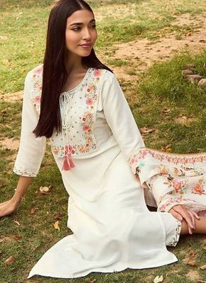 White Floral Yoke Design Tie-Up Neck Straight Kurta With Trousers & Dupatta 1