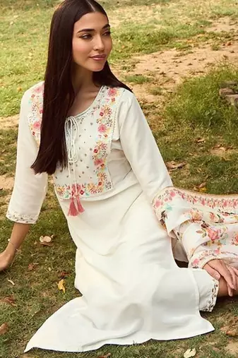 White Floral Yoke Design Tie-Up Neck Straight Kurta With Trousers & Dupatta