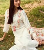 White Floral Yoke Design Tie-Up Neck Straight Kurta With Trousers & Dupatta